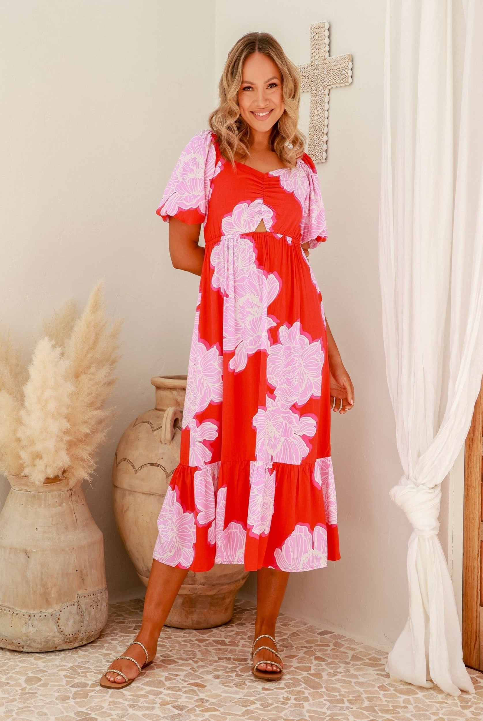 Red and pink floral midi dress 