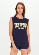 The Upside Ivy Leage Tank in navy with yellow and white logo design