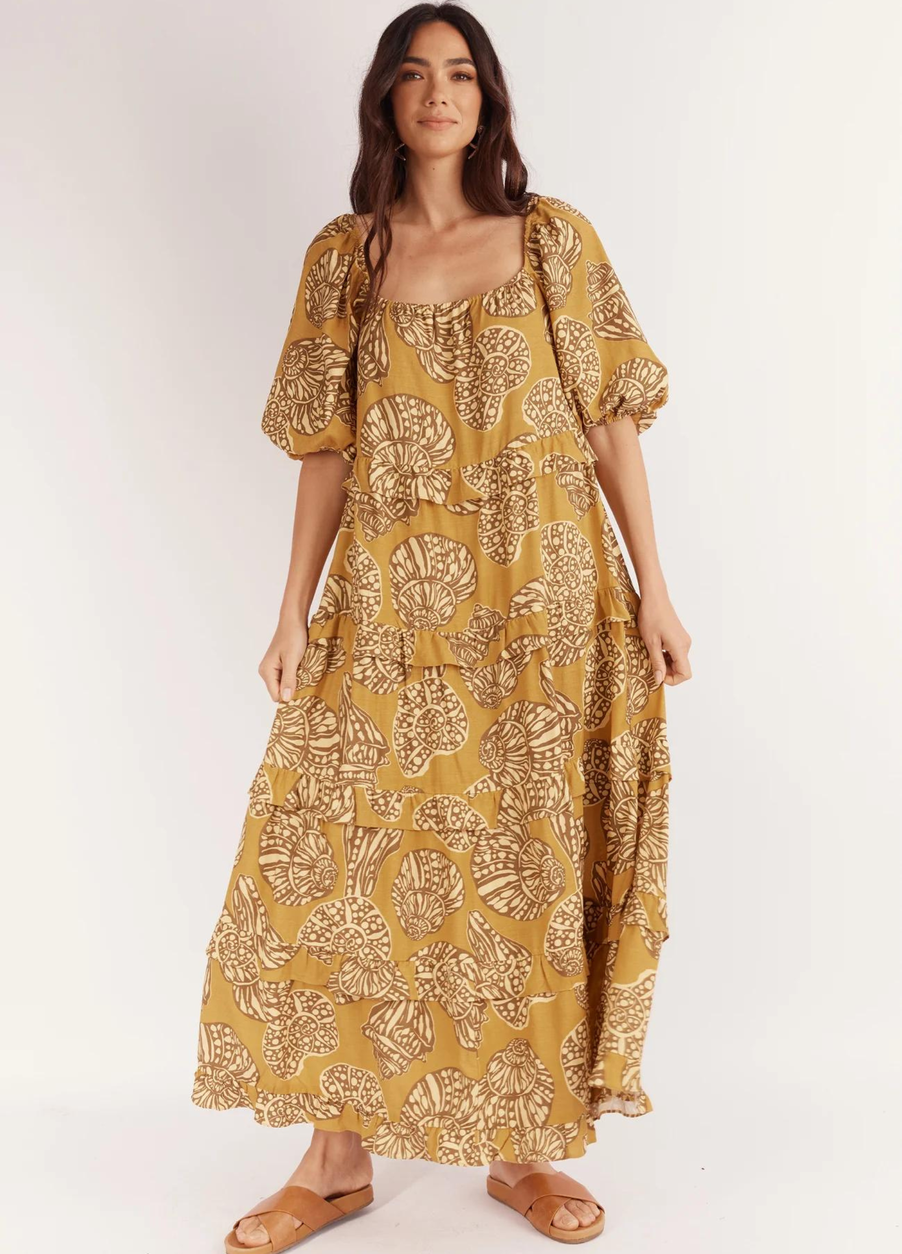 Maxi Dress with tiering in gorgeous seashell neutral print