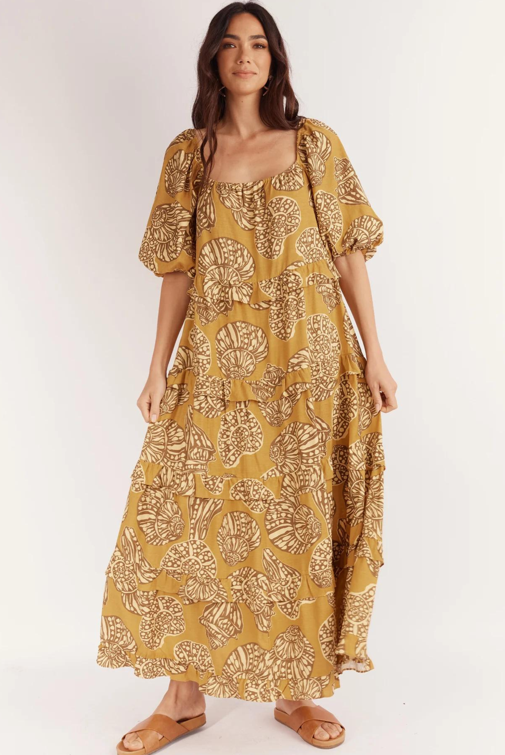 Maxi Dress with tiering in gorgeous seashell neutral print
