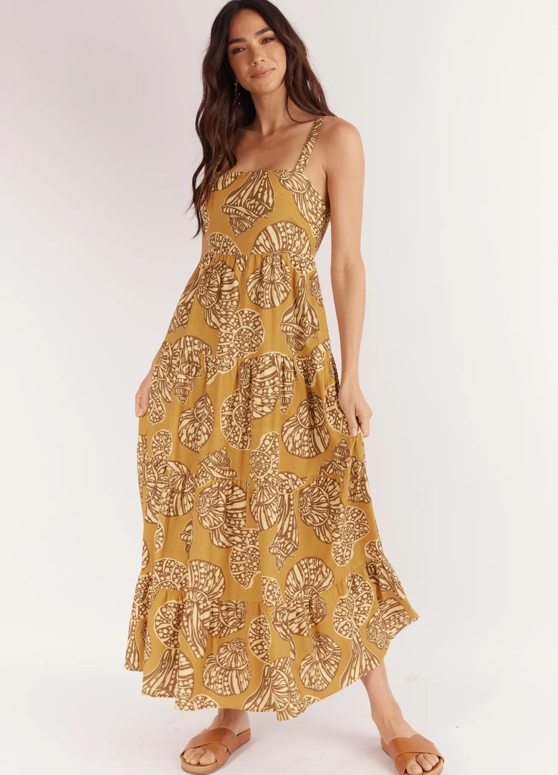 Seashell print strappy midi dress with cutout at back