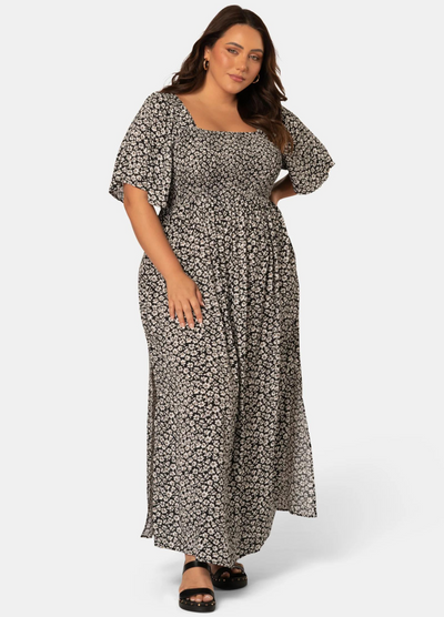 Indigo Tonic - Short Sleeve Run Off Maxi Dress - Black Floral