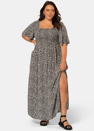 Indigo Tonic - Short Sleeve Run Off Maxi Dress - Black Floral
