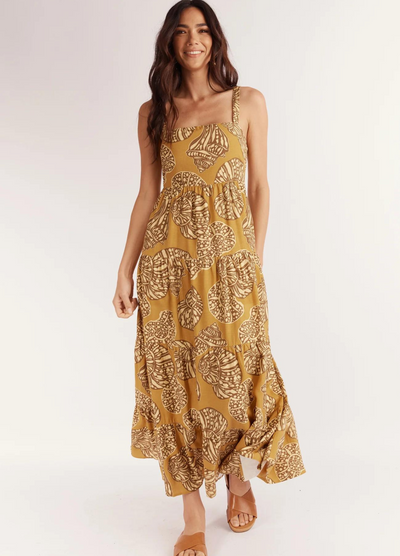 Seashell print strappy midi dress with cutout at back