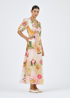 Roame Kozomo Midi Dress in Pink City Print with cut out under bust and short sleeves