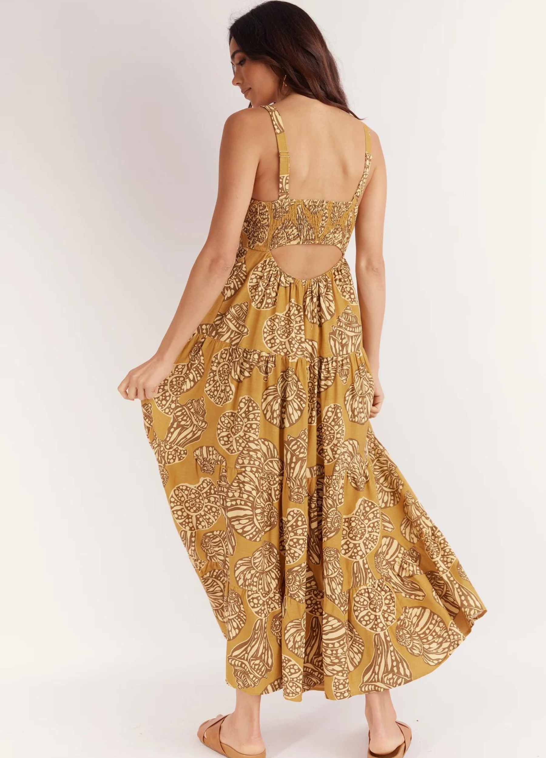 Seashell print strappy midi dress with cutout at back