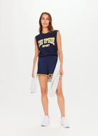 The Upside Ivy Leage Tank in navy with yellow and white logo design