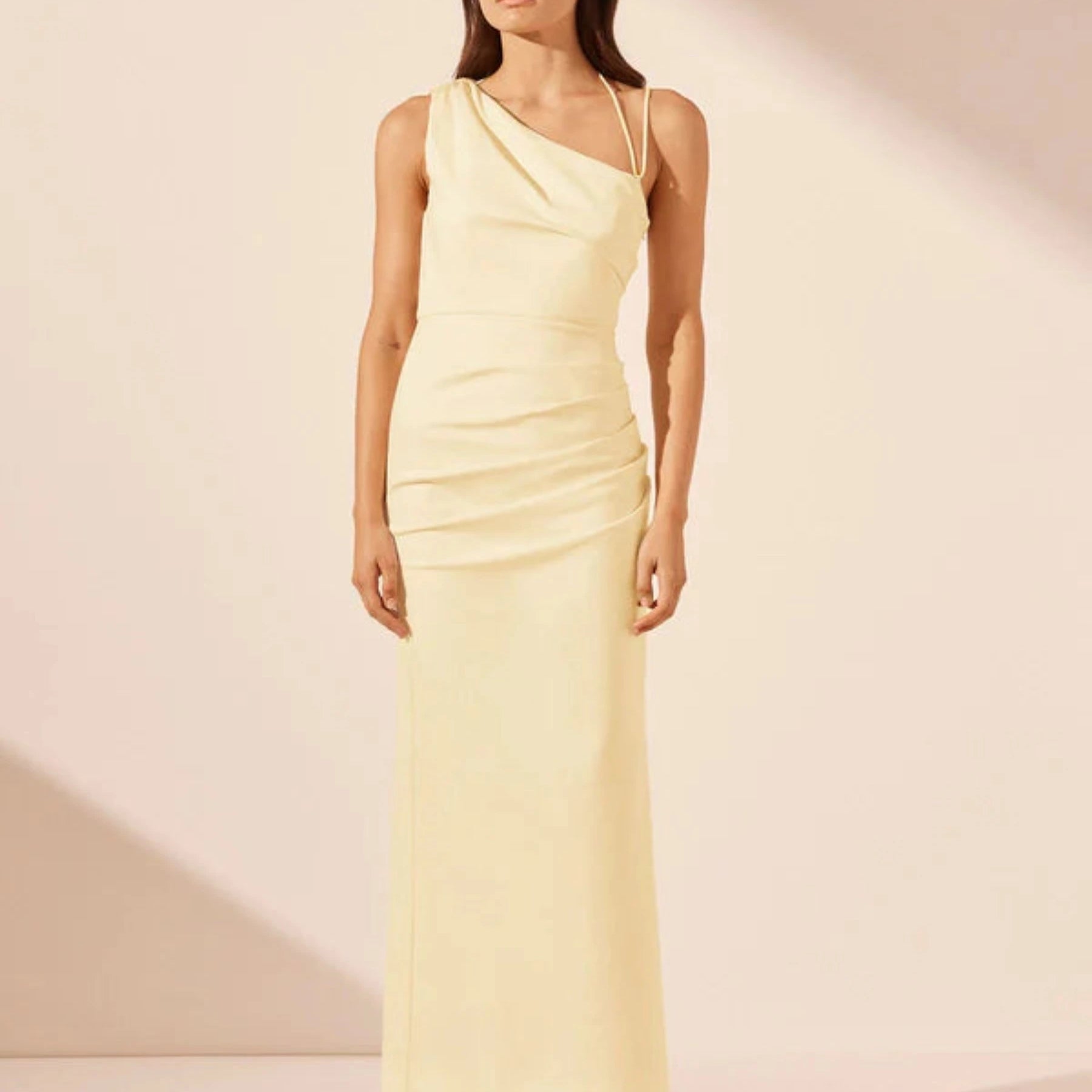 Gathered Dress in vanilla with one shoulder detail