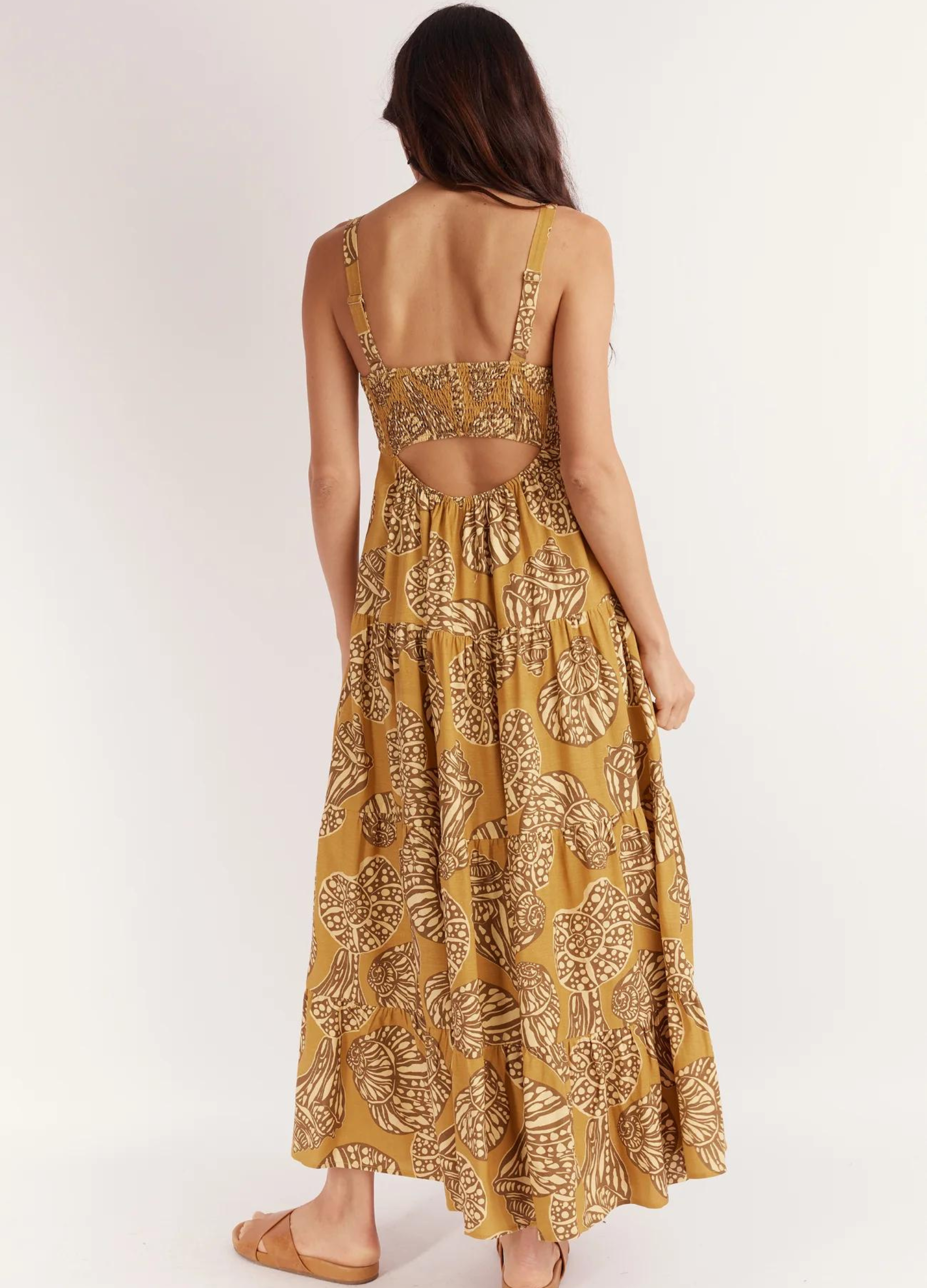 Seashell print strappy midi dress with cutout at back