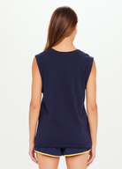 The Upside Ivy Leage Tank in navy with yellow and white logo design