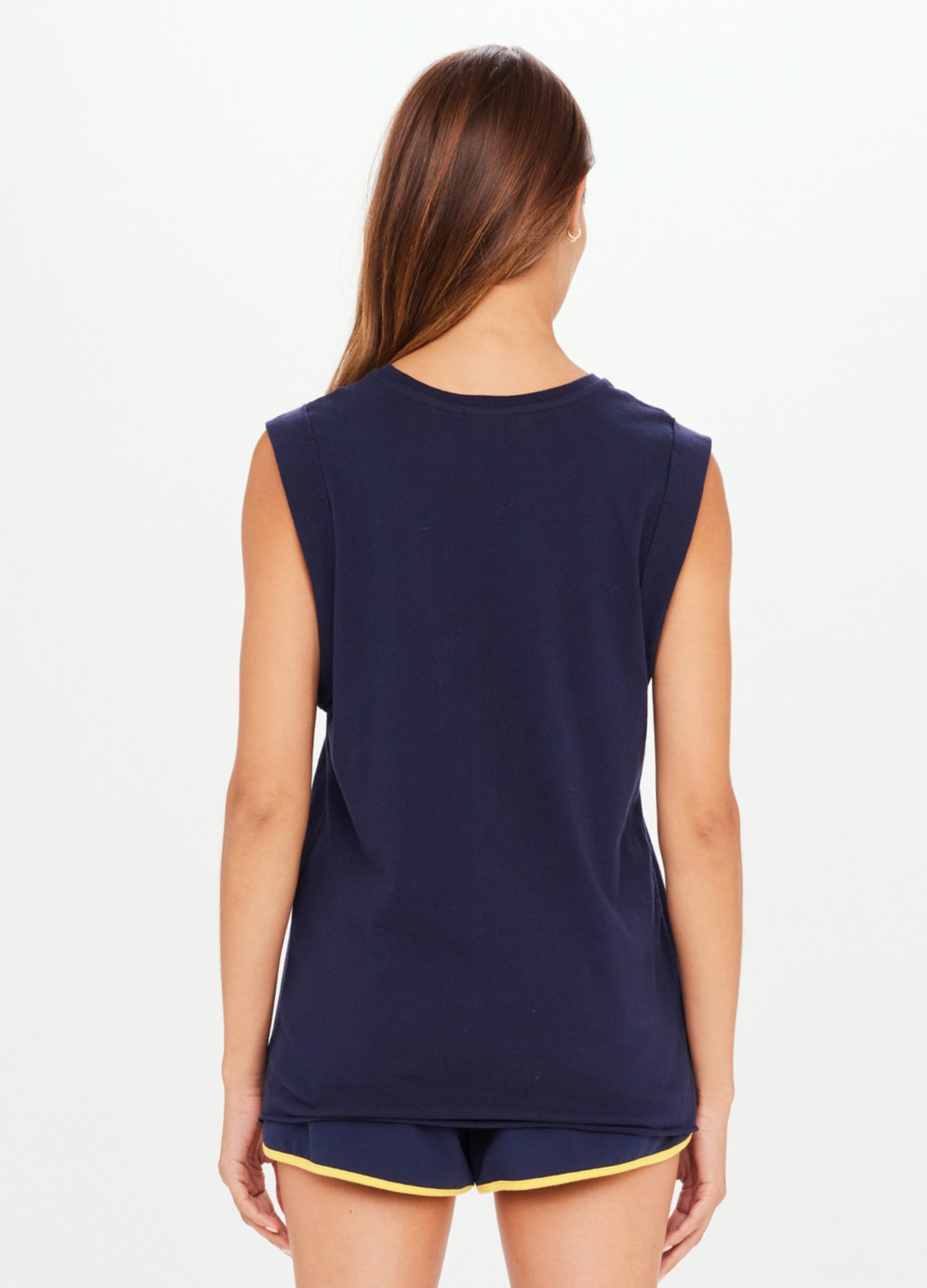 The Upside Ivy Leage Tank in navy with yellow and white logo design