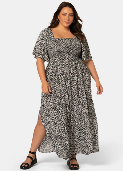 Indigo Tonic - Short Sleeve Run Off Maxi Dress - Black Floral