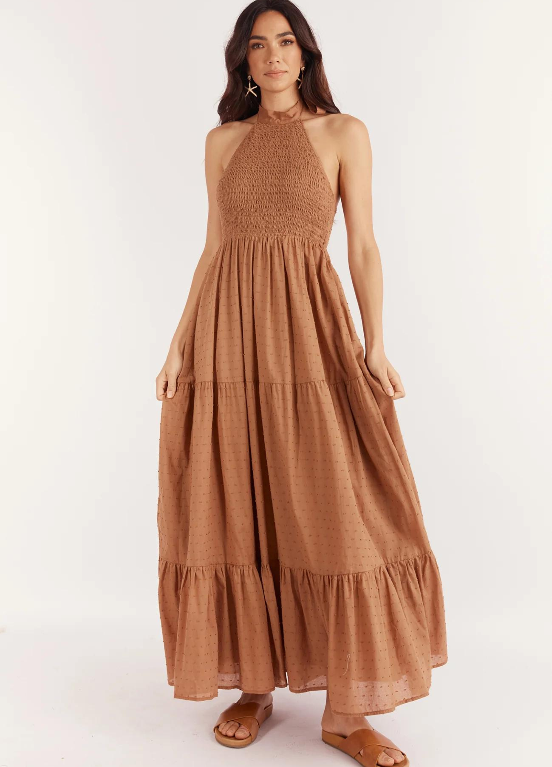 Halterneck maxi dress in brown spot print fabric with a back neck tie