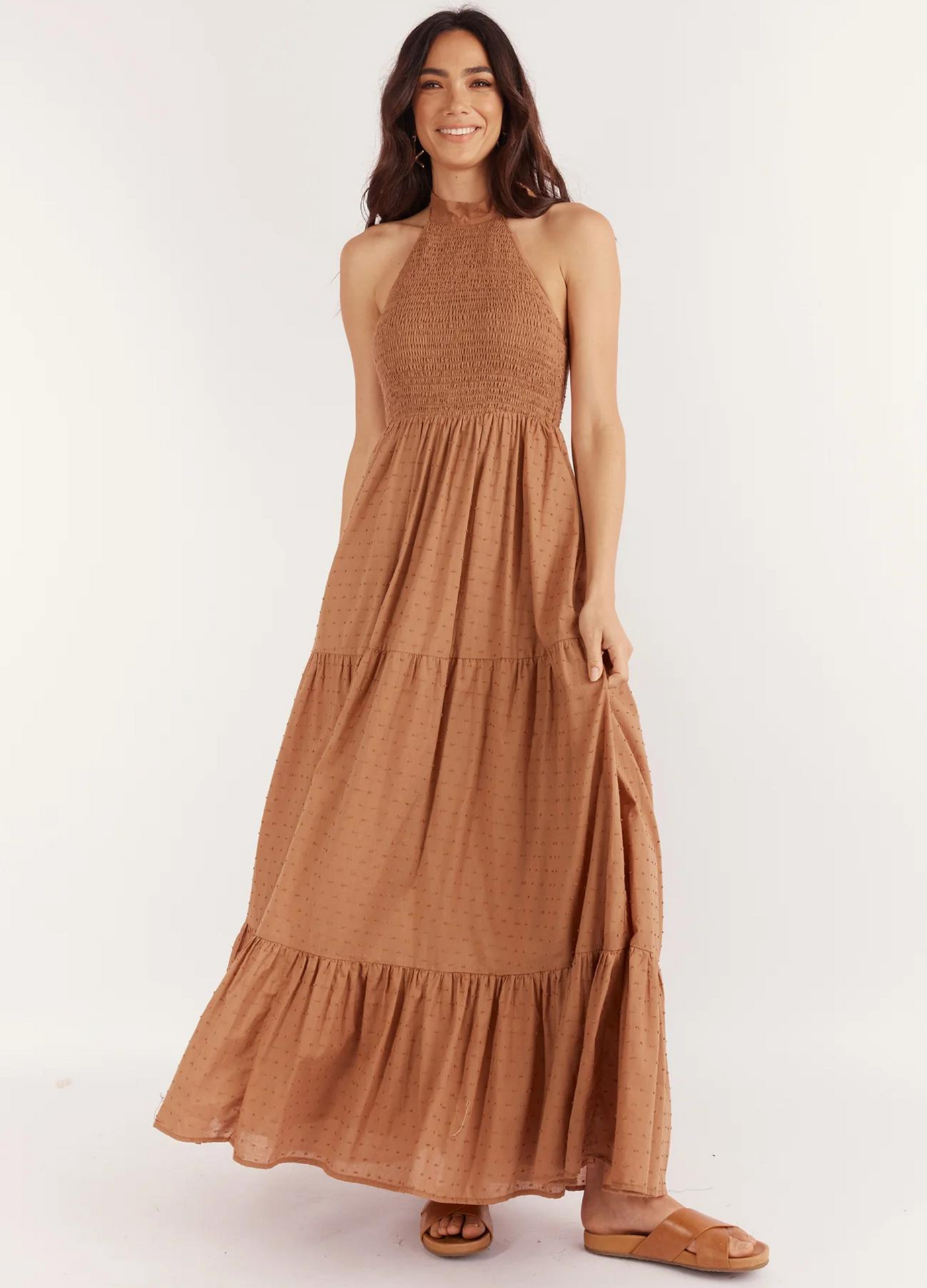 Halterneck maxi dress in brown spot print fabric with a back neck tie