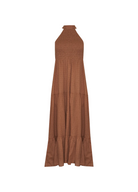 Halterneck maxi dress in brown spot print fabric with a back neck tie