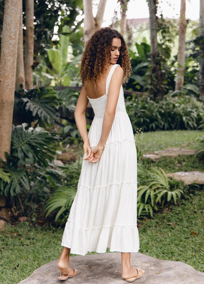 Model wearing the white Ashlyn Dress from Girl and the Sun
