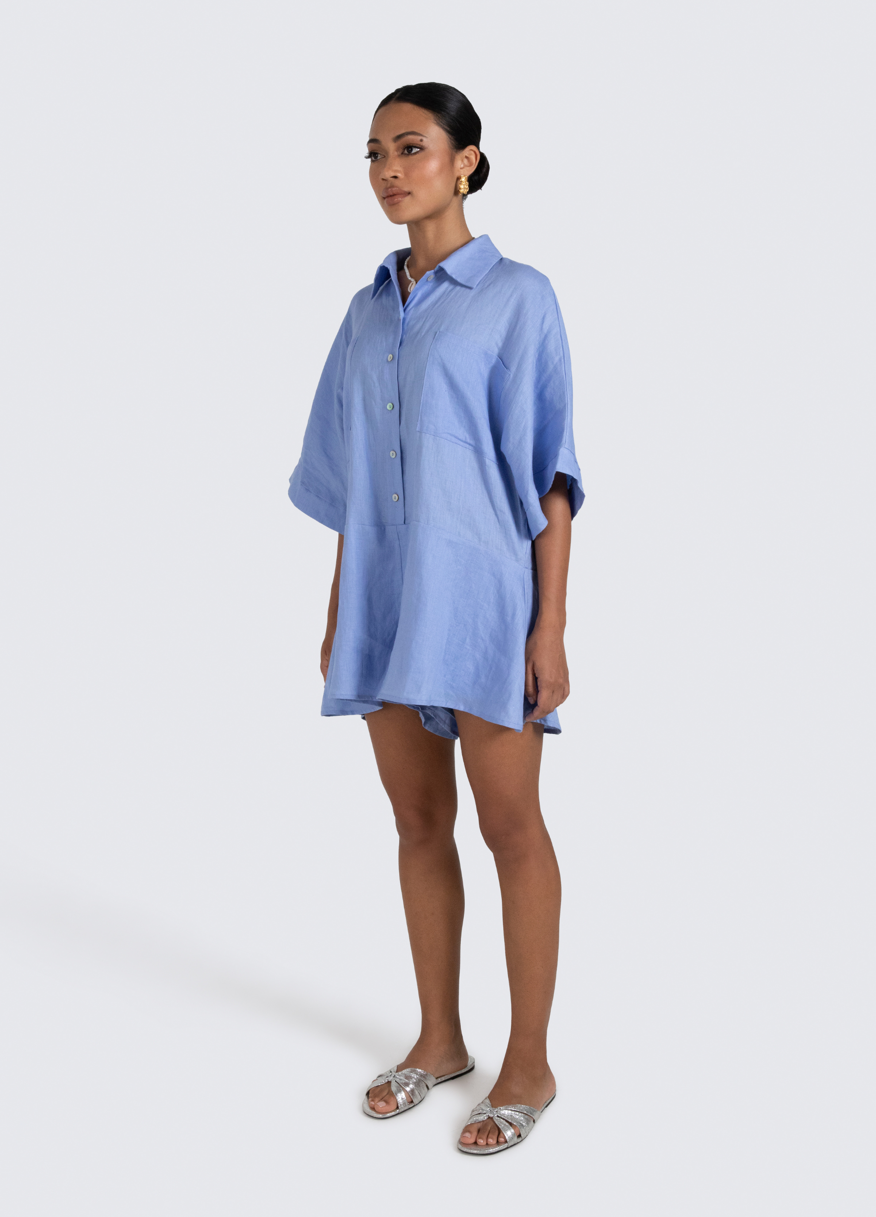 Pixie Linen Playsuit with shell buttons 