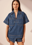 Shona Joy darkwash Denim Pullover Top with short sleeve