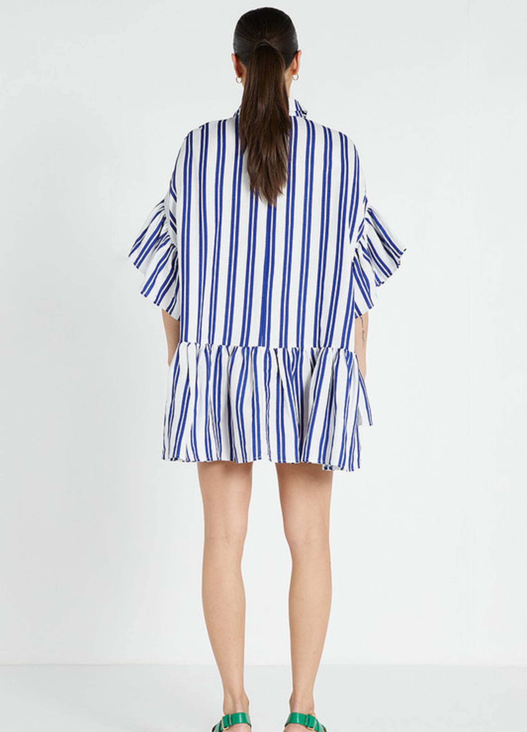 The famous bohemian traders genoa mini dress with ruffle details and mid sleeve in linen blue and white stripe