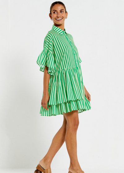 Bohemian Traders - Mid Sleeve Genoa Mini Dress - Tonal Green Stripe
