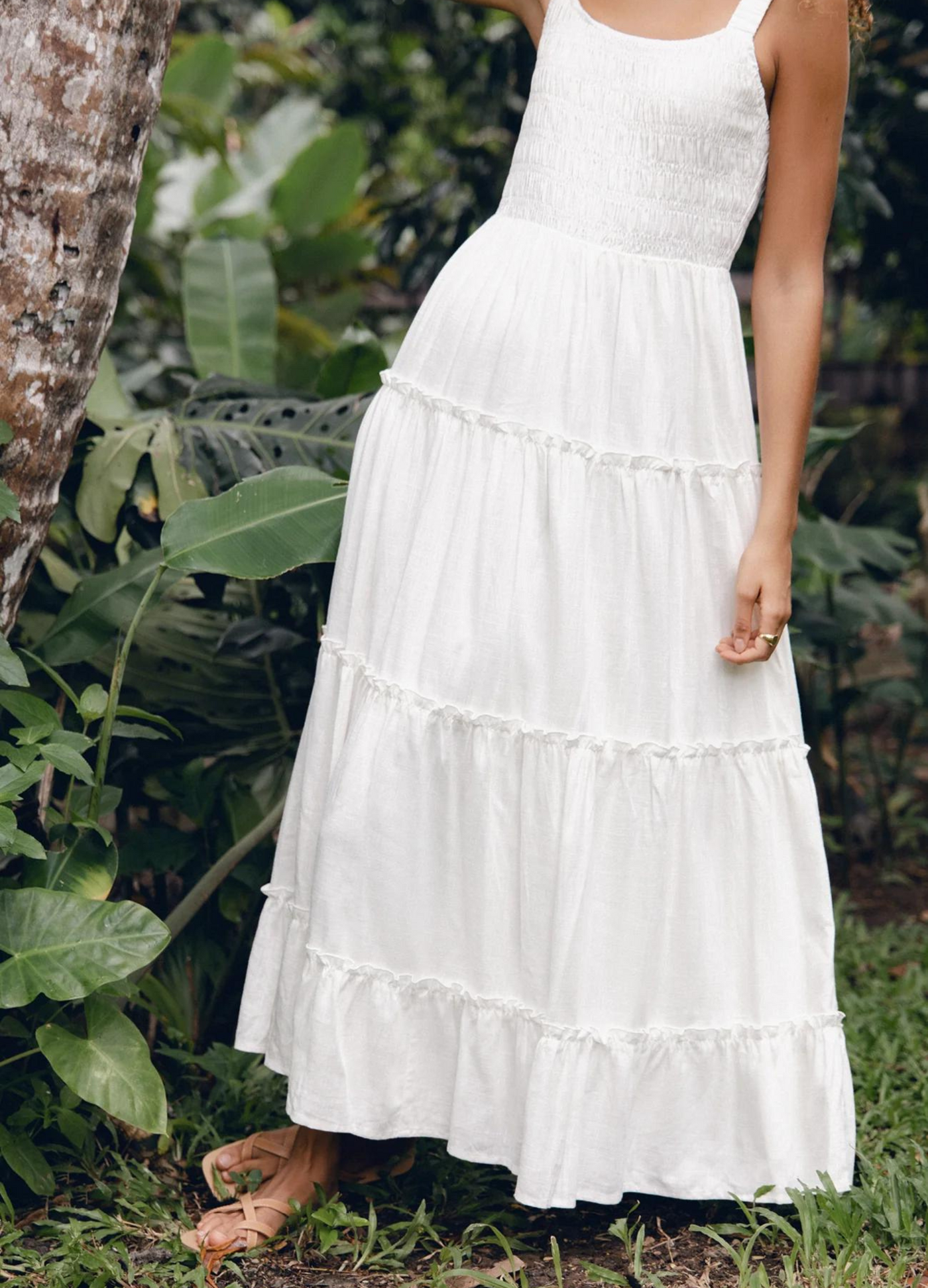 Model wearing the white Ashlyn Dress from Girl and the Sun