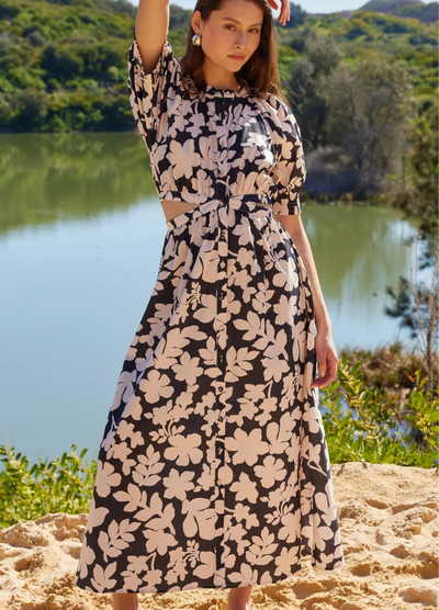 Selita Cut Out Midi Dress from Staple the Label black and white floral print with cut outs