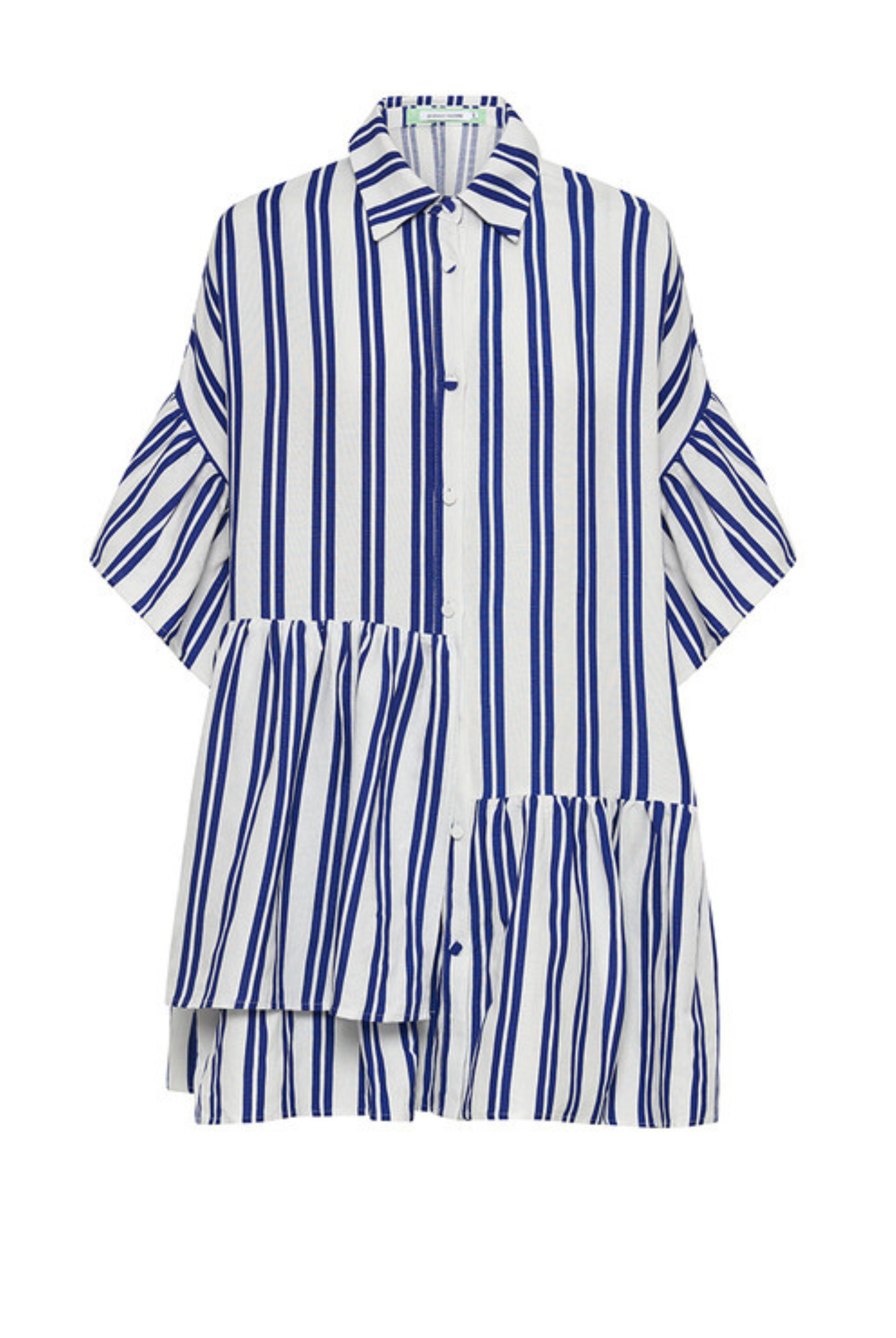 The famous bohemian traders genoa mini dress with ruffle details and mid sleeve in linen blue and white stripe