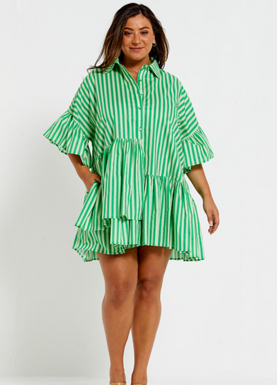 Bohemian Traders - Mid Sleeve Genoa Mini Dress - Tonal Green Stripe