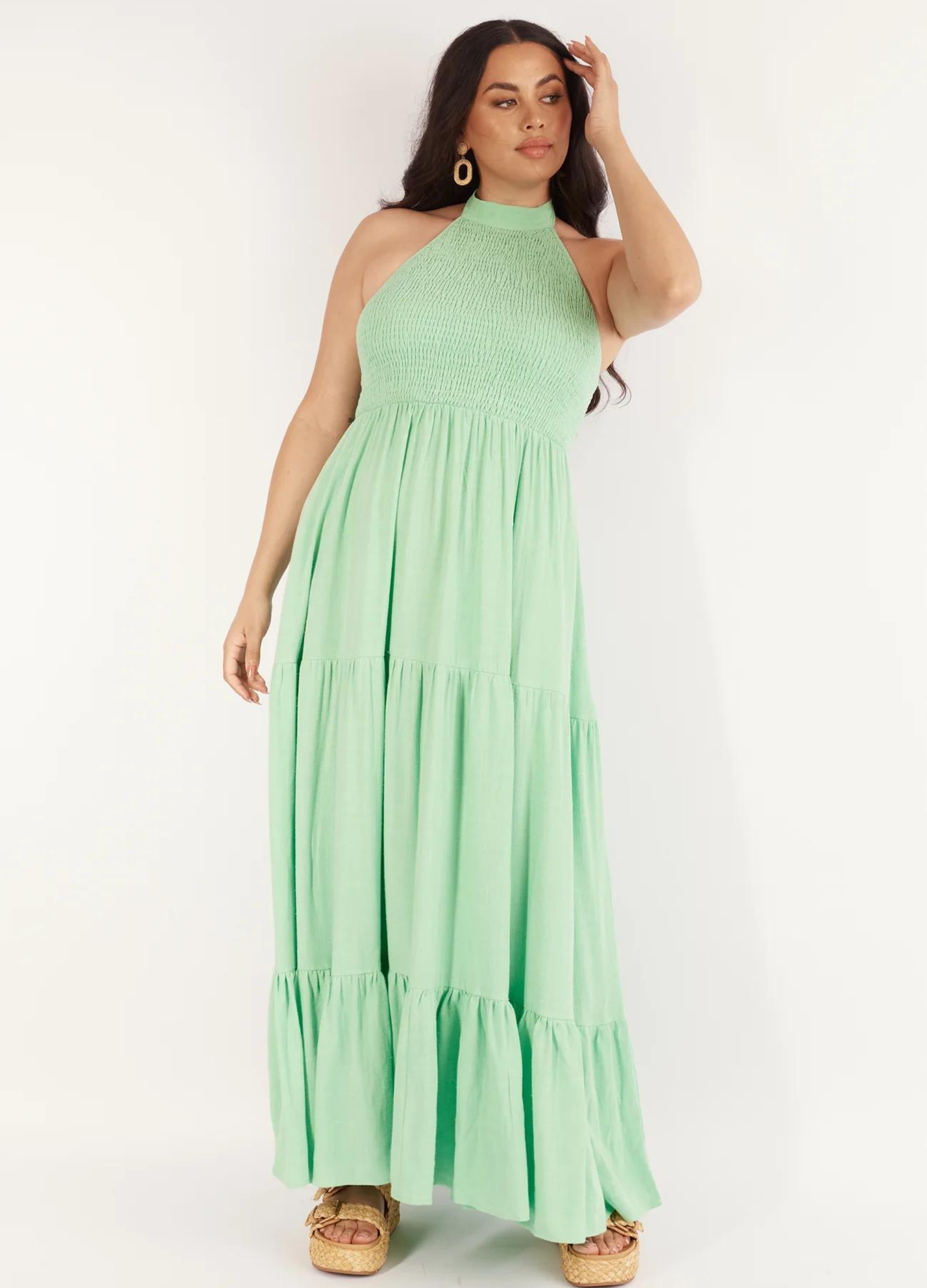 Halterneck linen blend maxi dress with tiering from girl and the sun