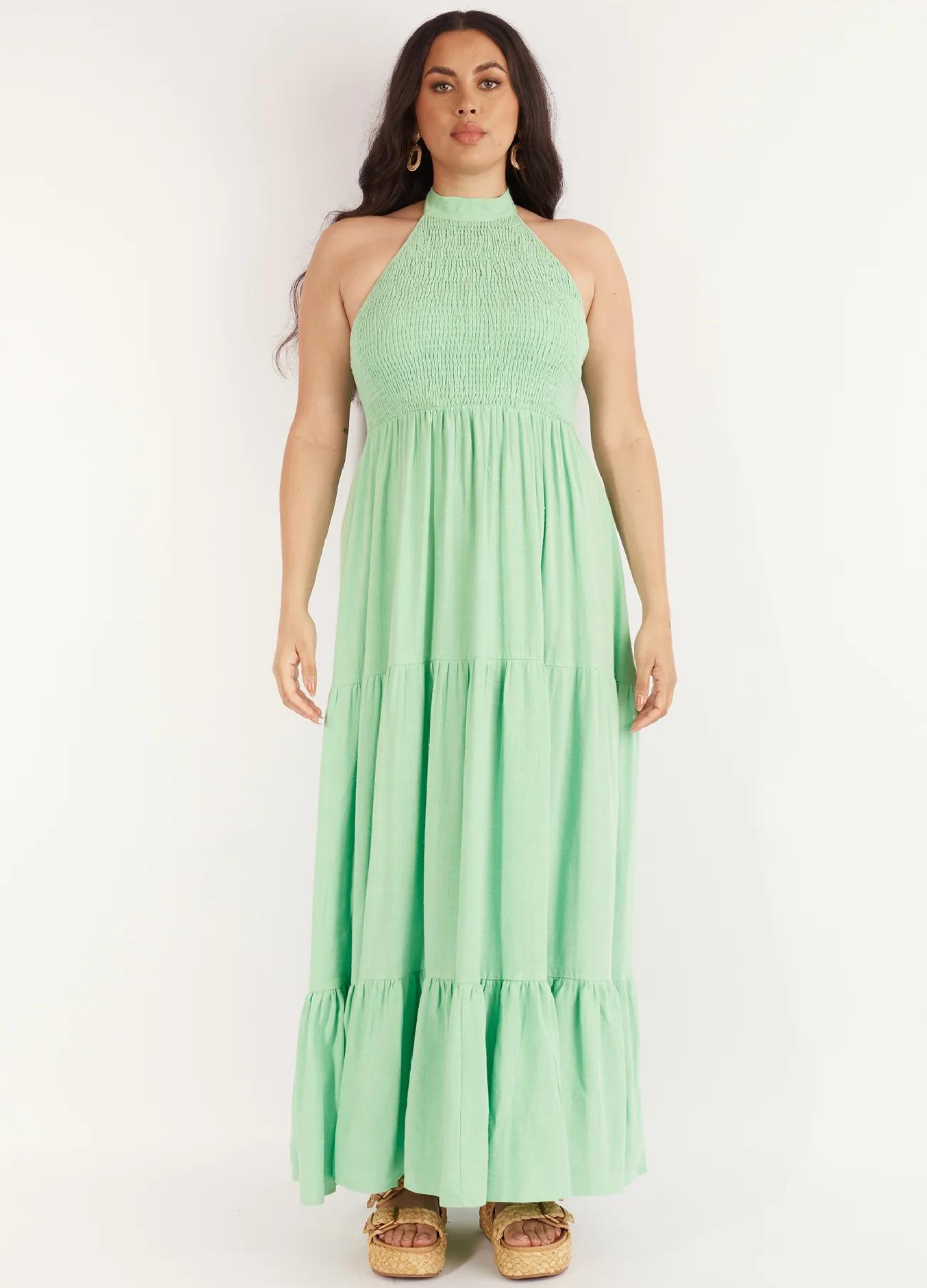 Halterneck linen blend maxi dress with tiering from girl and the sun