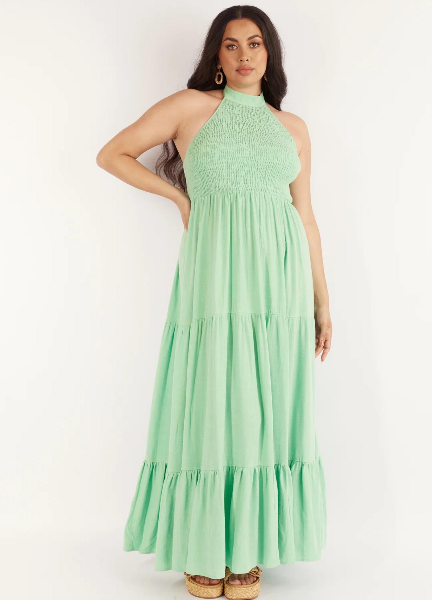 Halterneck linen blend maxi dress with tiering from girl and the sun
