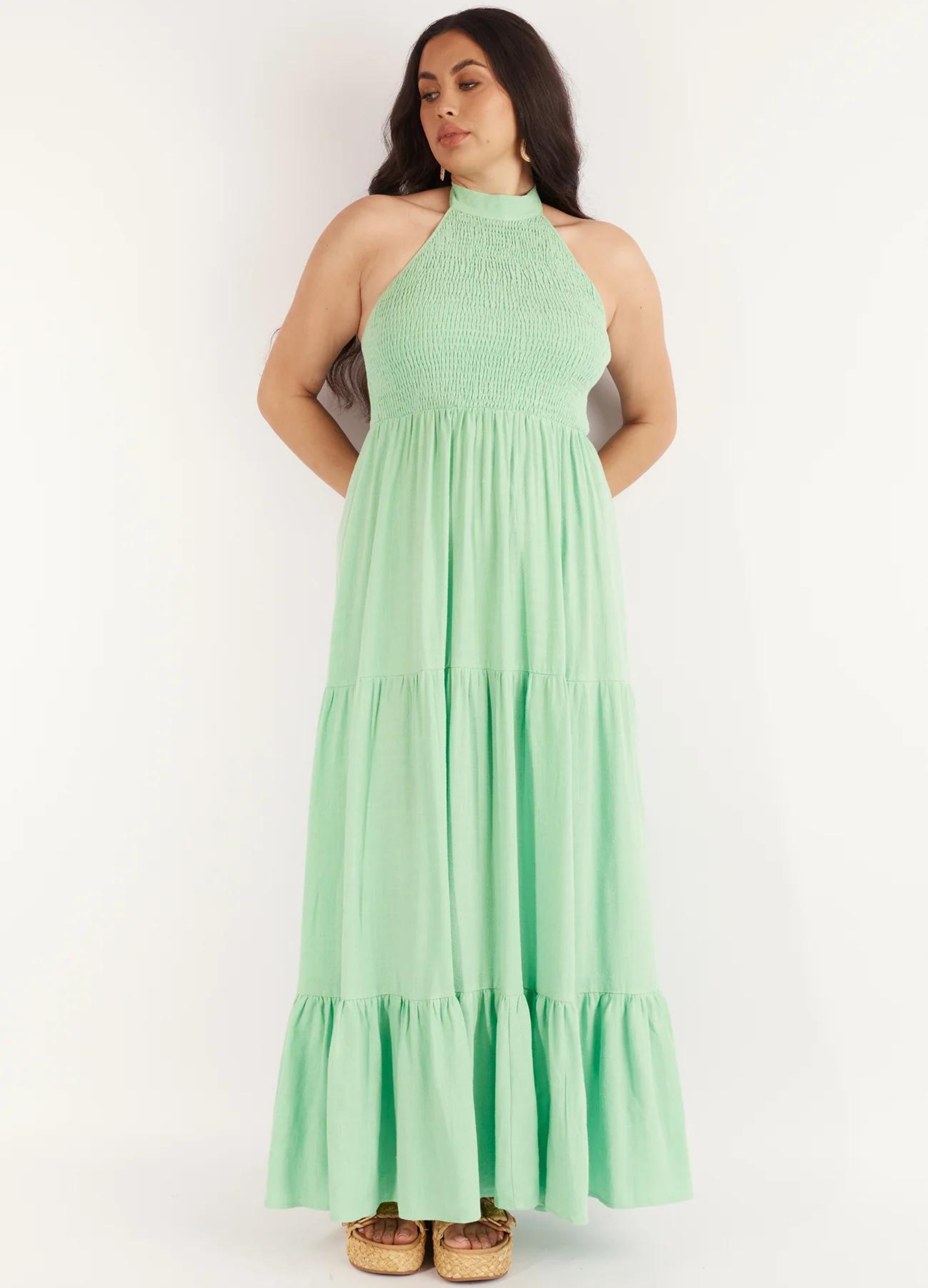 Halterneck linen blend maxi dress with tiering from girl and the sun