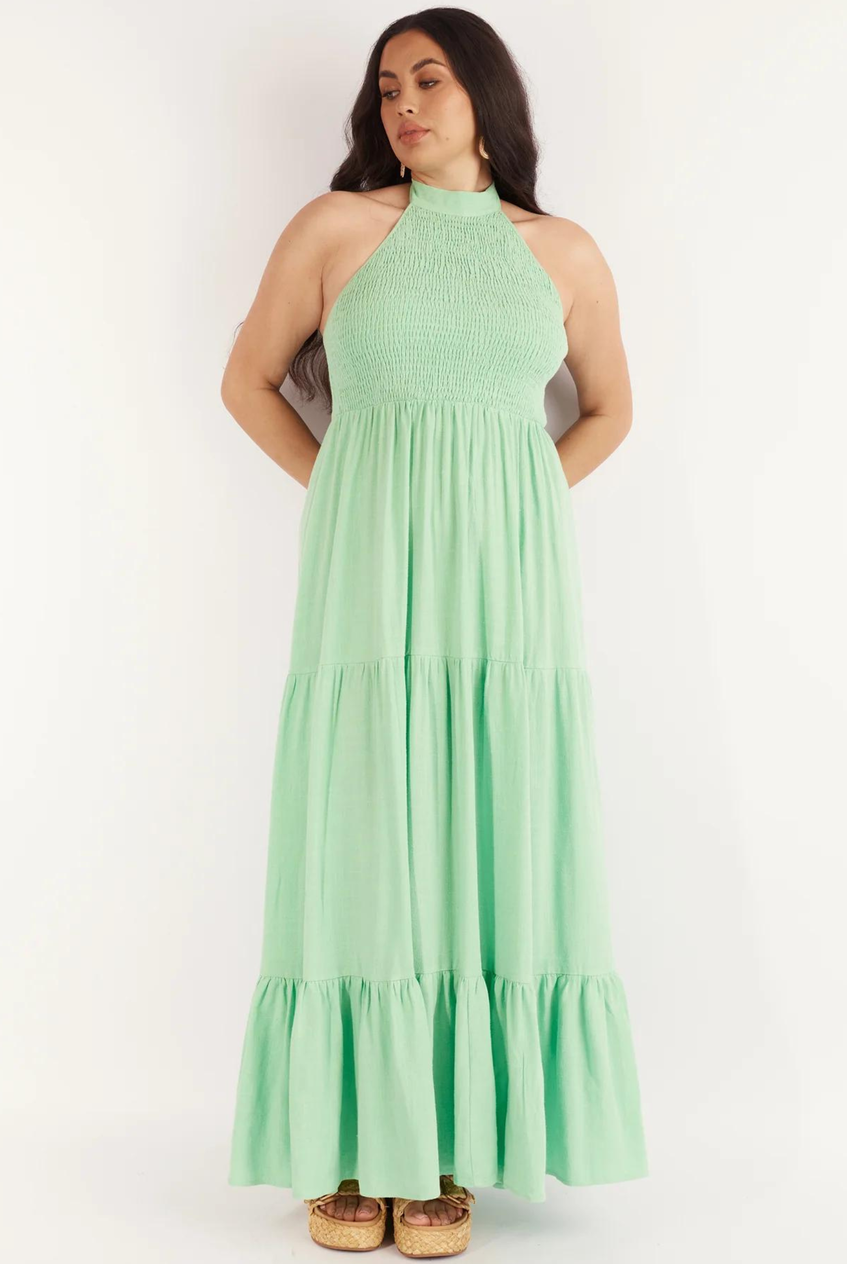Halterneck linen blend maxi dress with tiering from girl and the sun