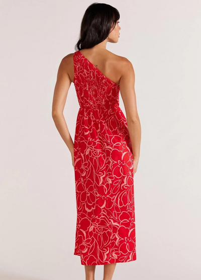 One shoulder shirred sundress in red and white floral print midi length from Staple the Label