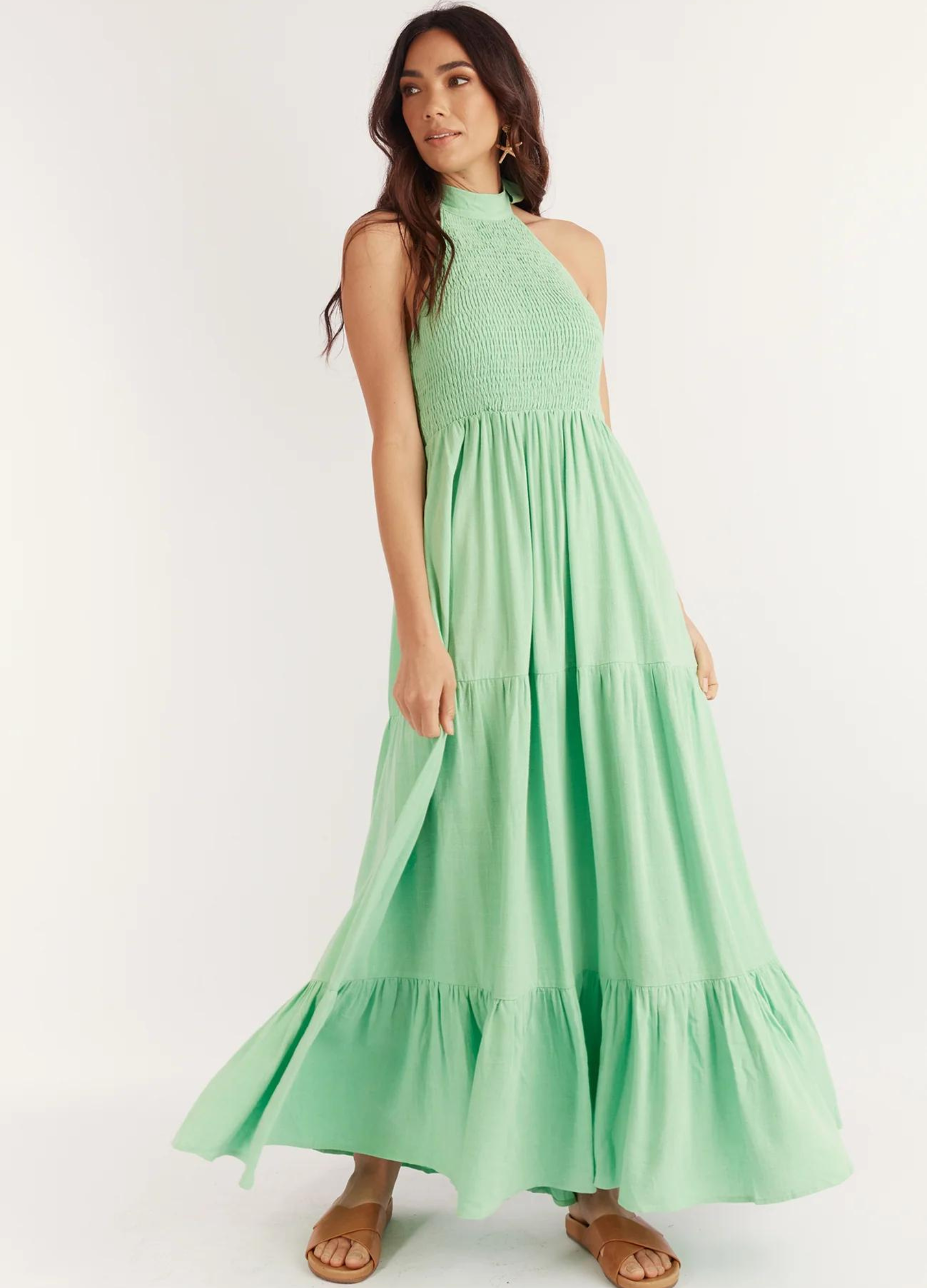 Halterneck linen blend maxi dress with tiering from girl and the sun
