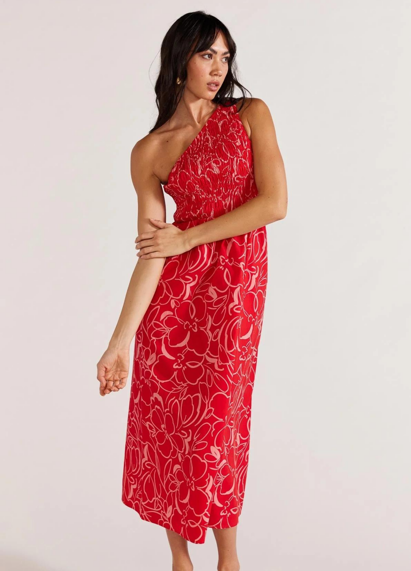 One shoulder shirred sundress in red and white floral print midi length from Staple the Label