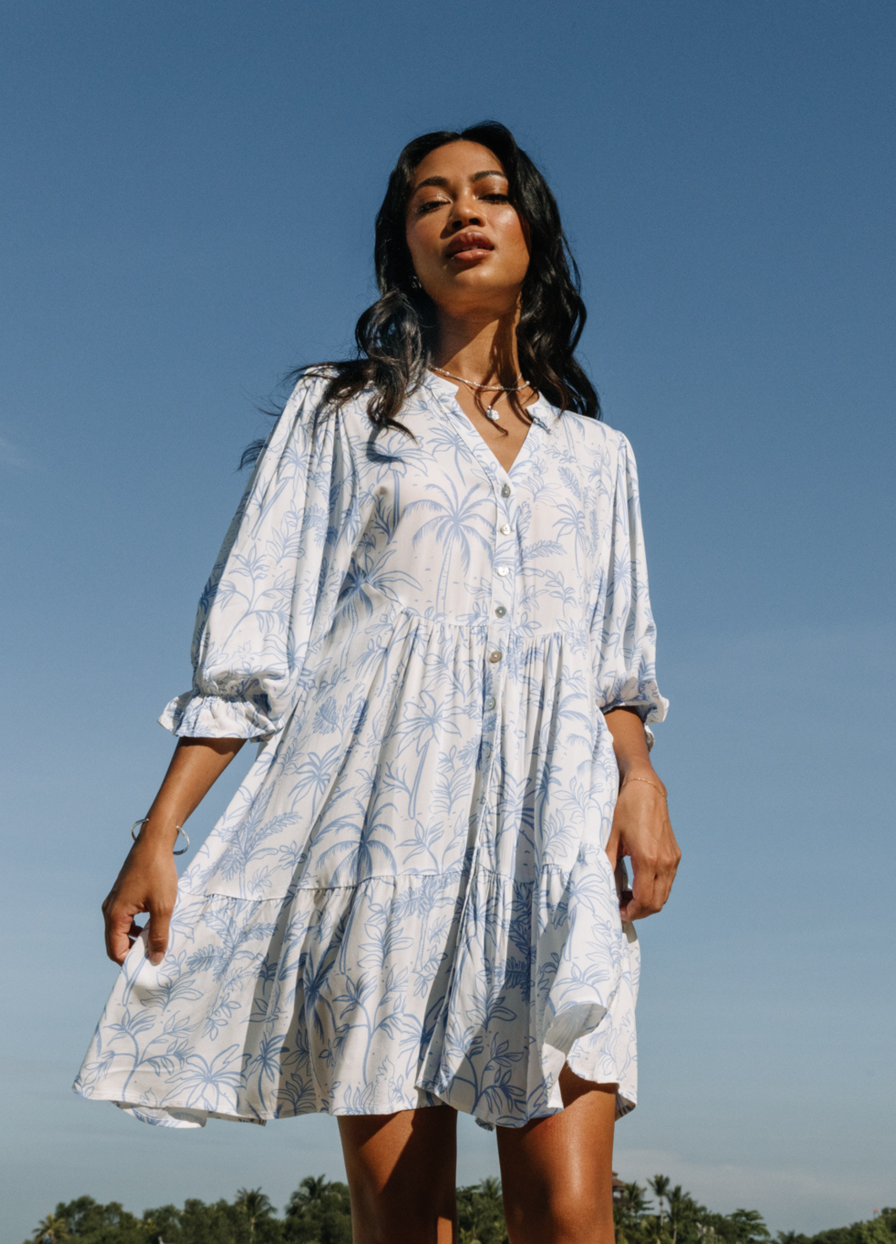 Alexis Mini Dress from ESTL in viscose fabric with palm and cockatoo print