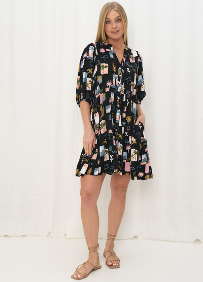 Mid sleeve button through dress in postcards print