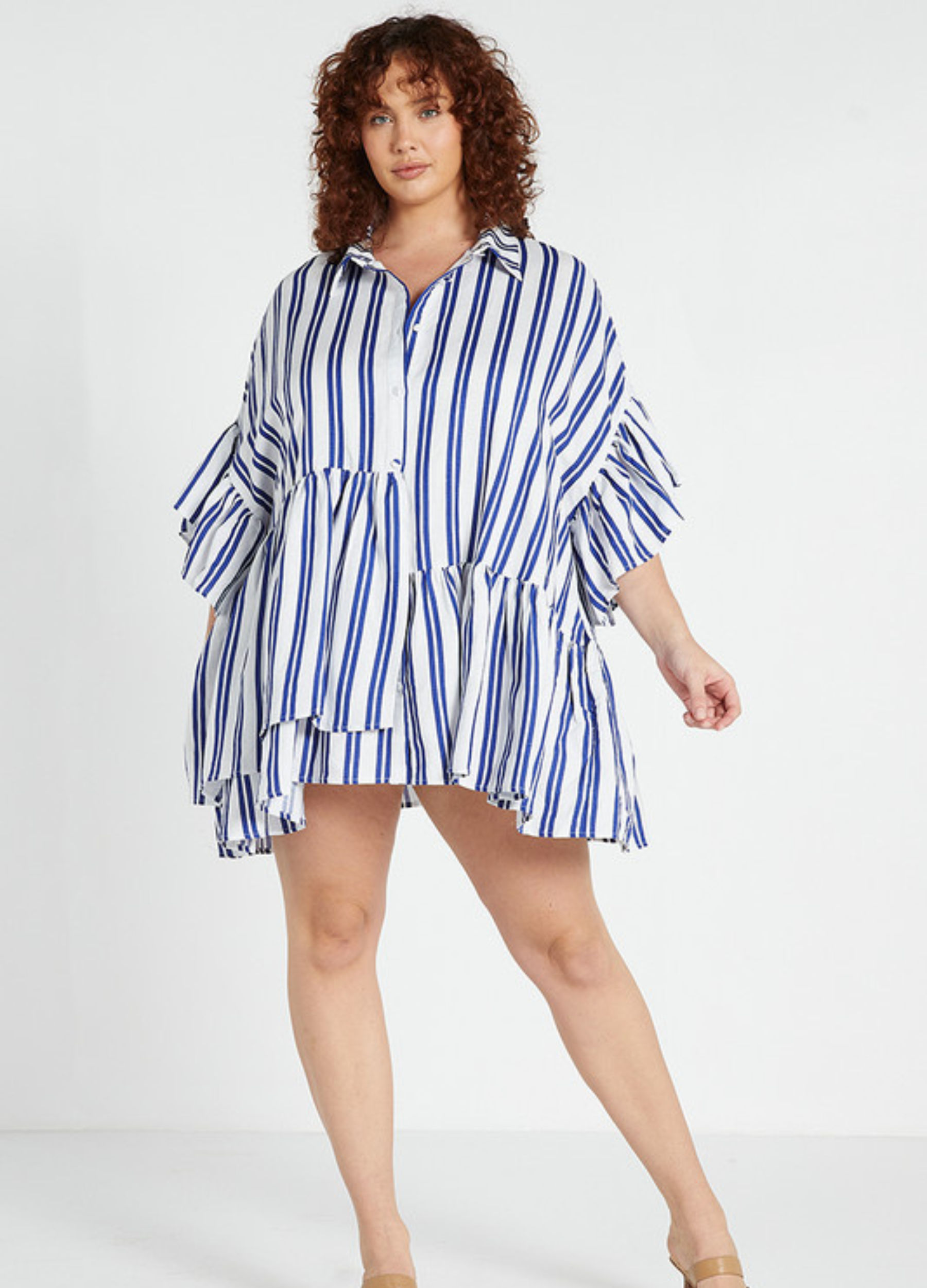 The famous bohemian traders genoa mini dress with ruffle details and mid sleeve in linen blue and white stripe