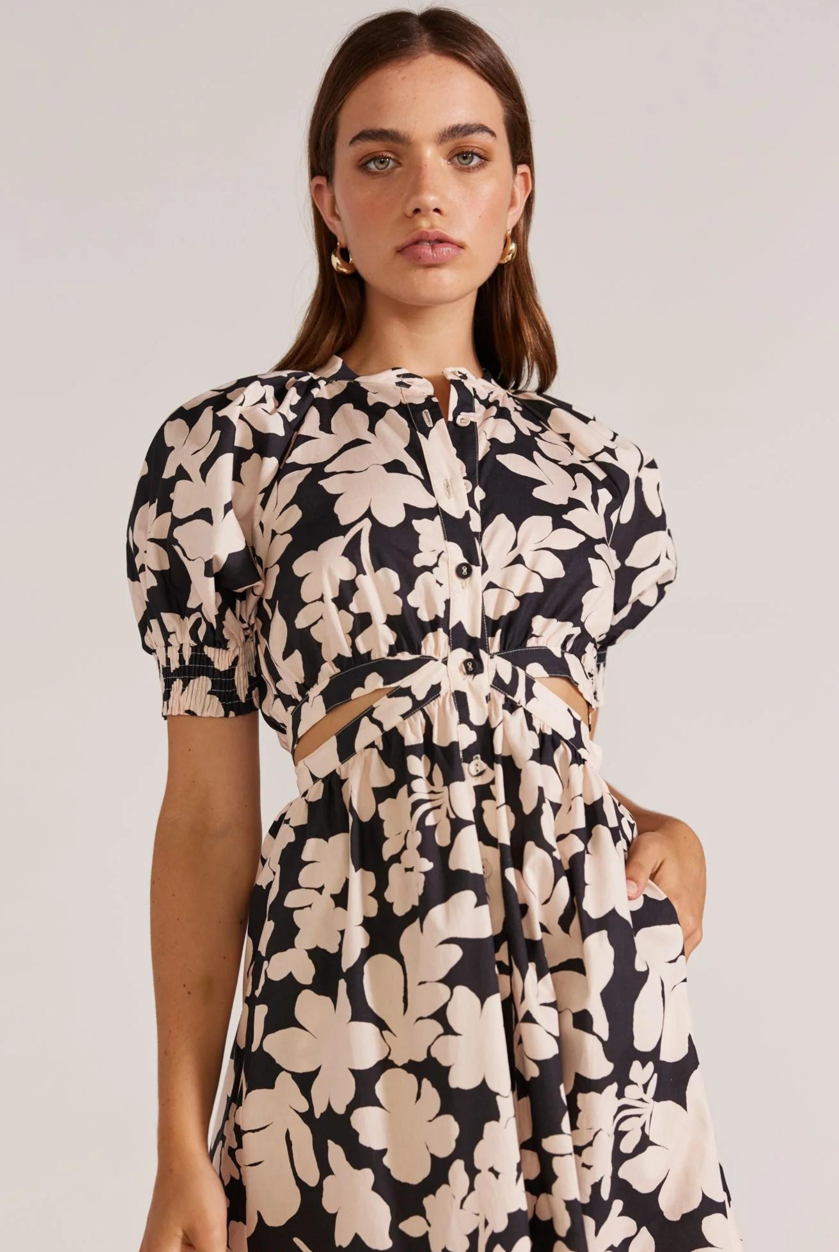 Selita Cut Out Midi Dress from Staple the Label black and white floral print with cut outs
