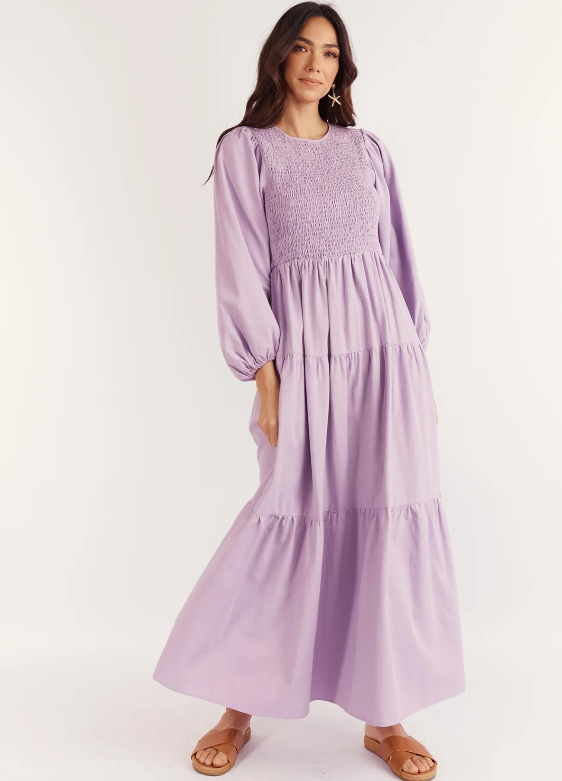 Model wearing the Journey Maxi Dress in Lilac from Girl and the Sun