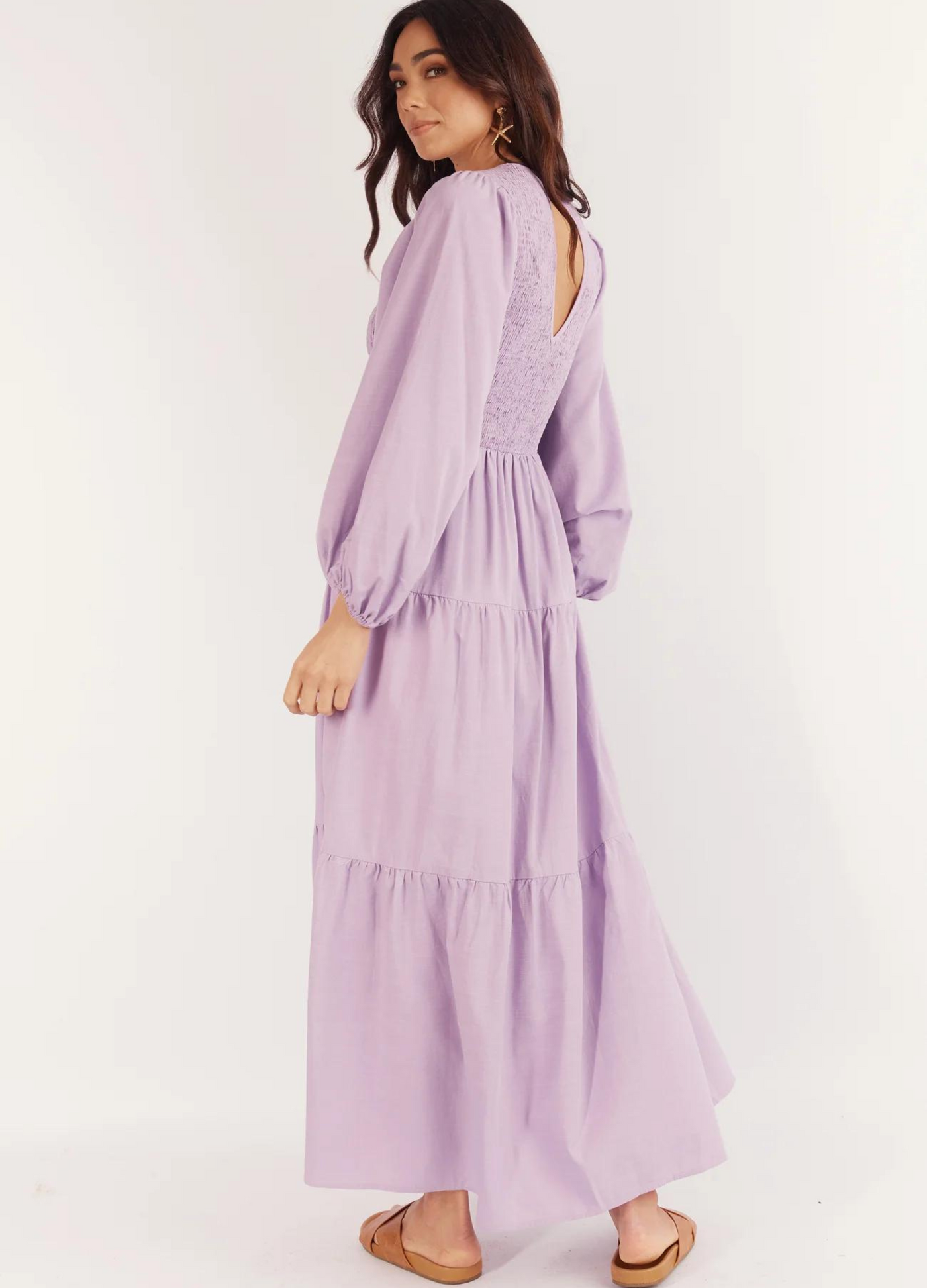 Model wearing the Journey Maxi Dress in Lilac from Girl and the Sun