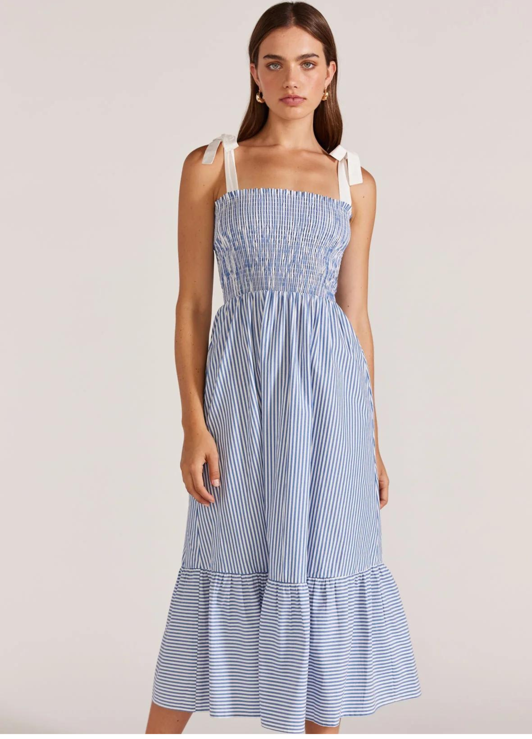 Blue and white shirred bust dress with white contrast straps from Staple the Label