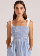 Blue and white shirred bust dress with white contrast straps from Staple the Label