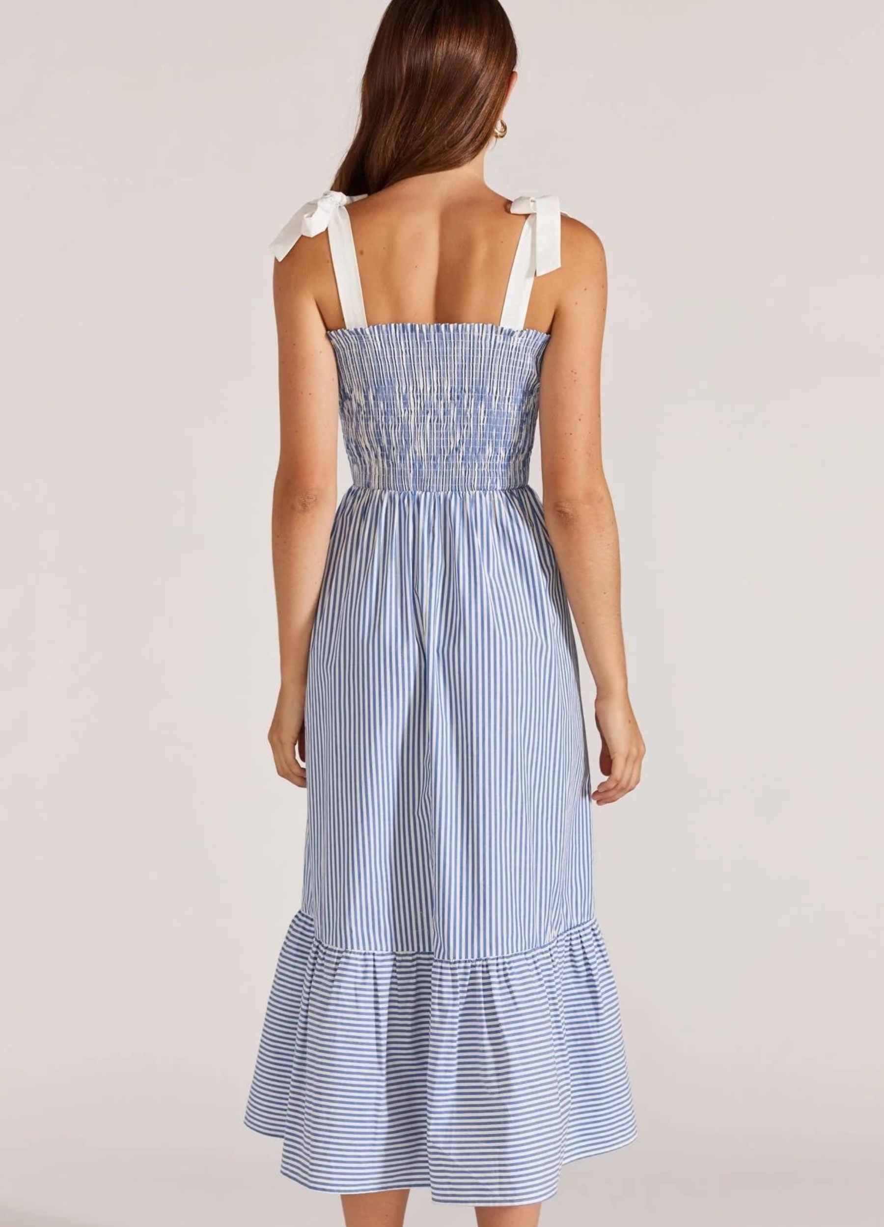 Blue and white shirred bust dress with white contrast straps from Staple the Label