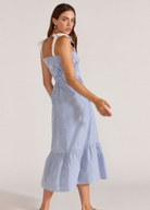 Blue and white shirred bust dress with white contrast straps from Staple the Label