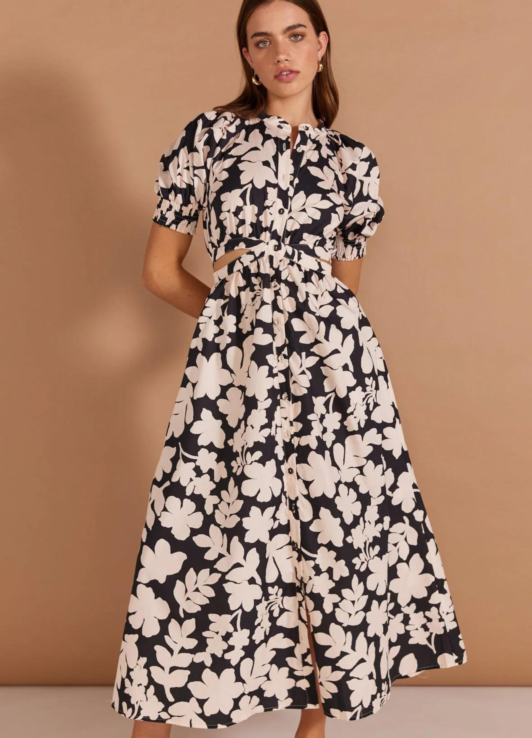 Selita Cut Out Midi Dress from Staple the Label black and white floral print with cut outs