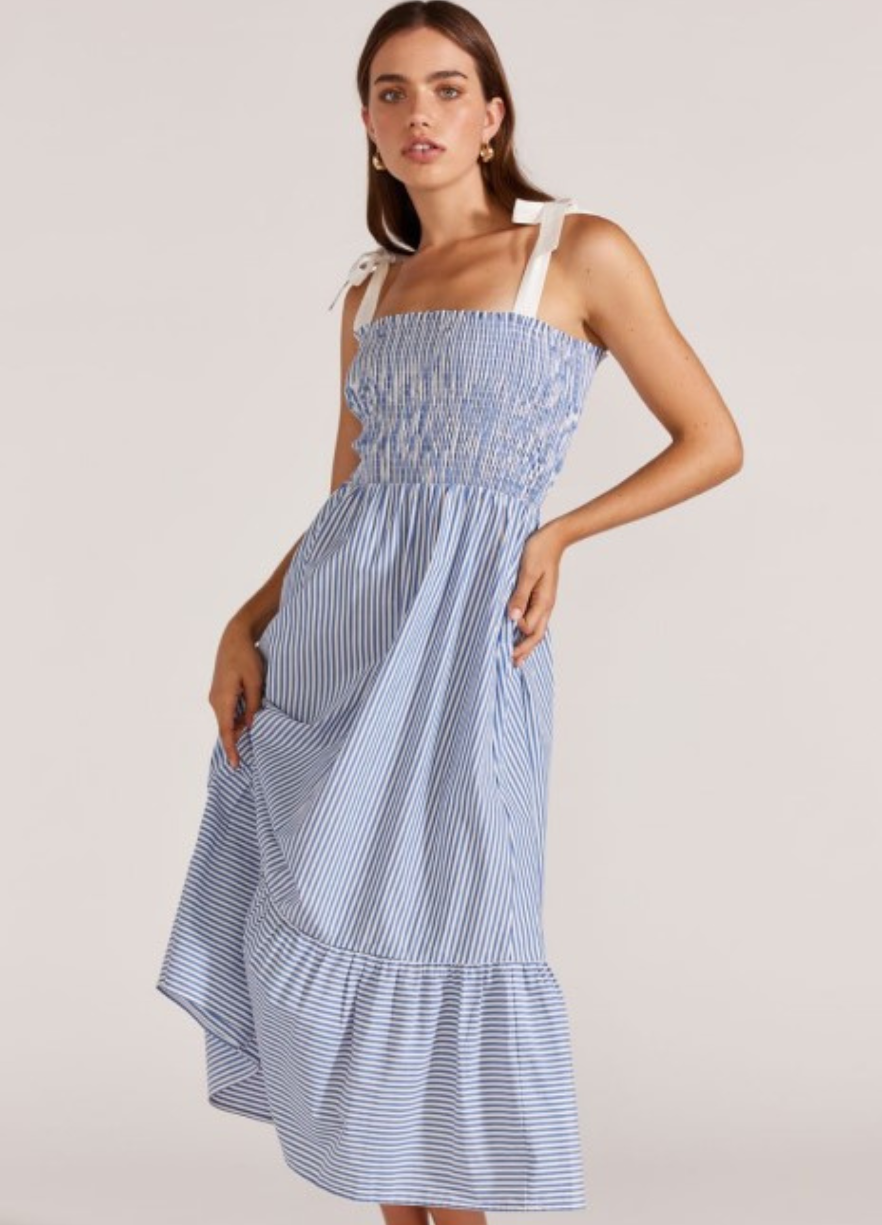 Blue and white shirred bust dress with white contrast straps from Staple the Label