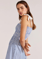 Blue and white shirred bust dress with white contrast straps from Staple the Label