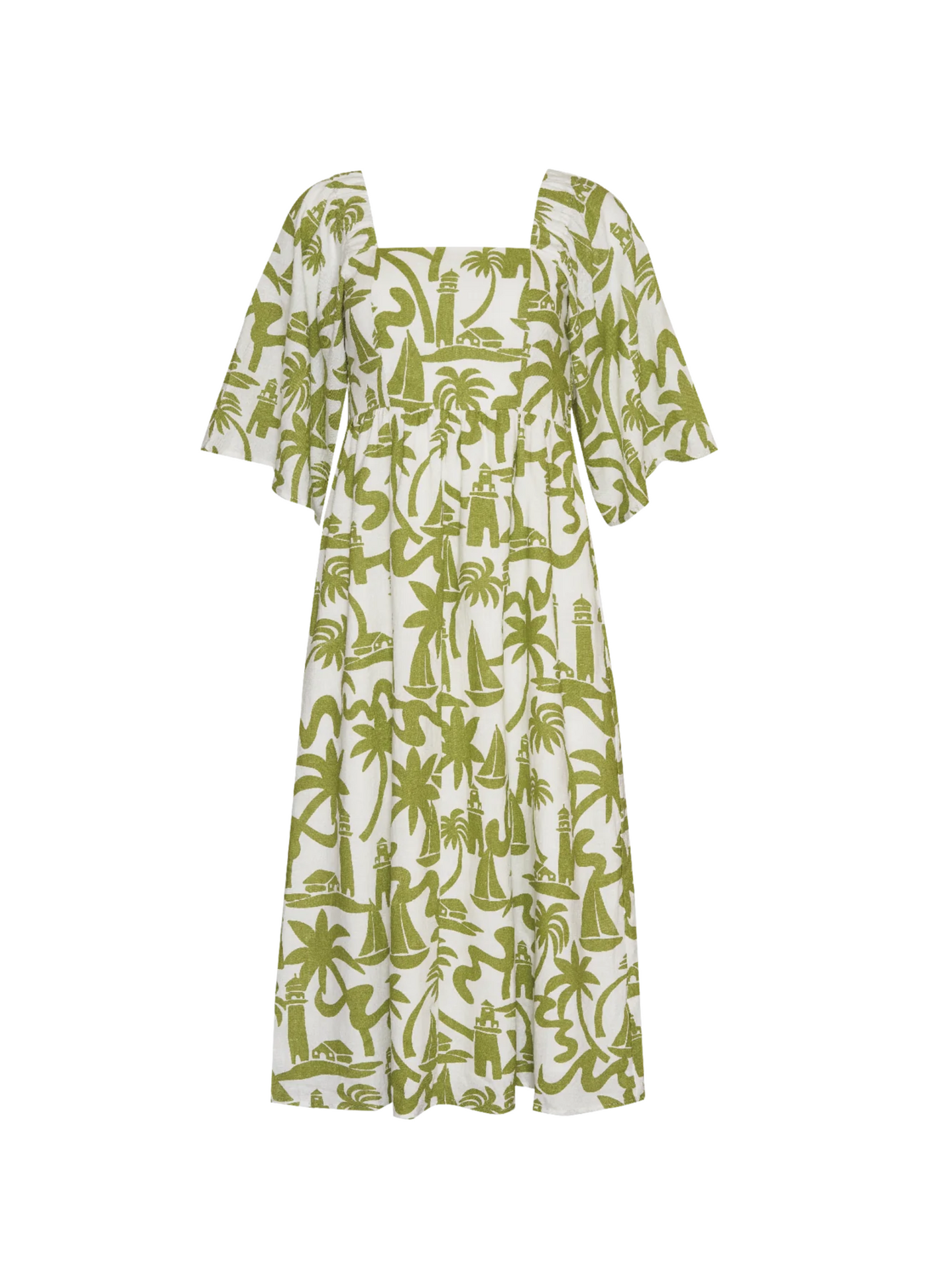 Model wearing the Dulce Midi Dress from Australian Brand Girl in the Sun in green and white lighthouse print